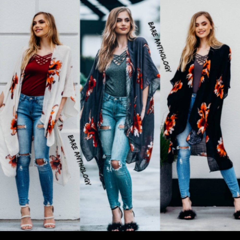 New kimono black gray floral poncho summer shawl